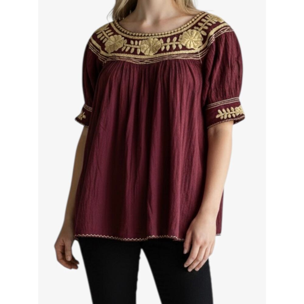 Burgundy & Tan Embroidered Floral Crinkle Peasant Boho Festival Blouse Sz M